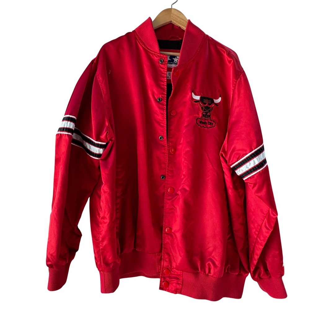 Chicago Bulls Starter Jacket Mens XXL Red Satin Varsity Snap Button Windy City - Picture 12 of 14